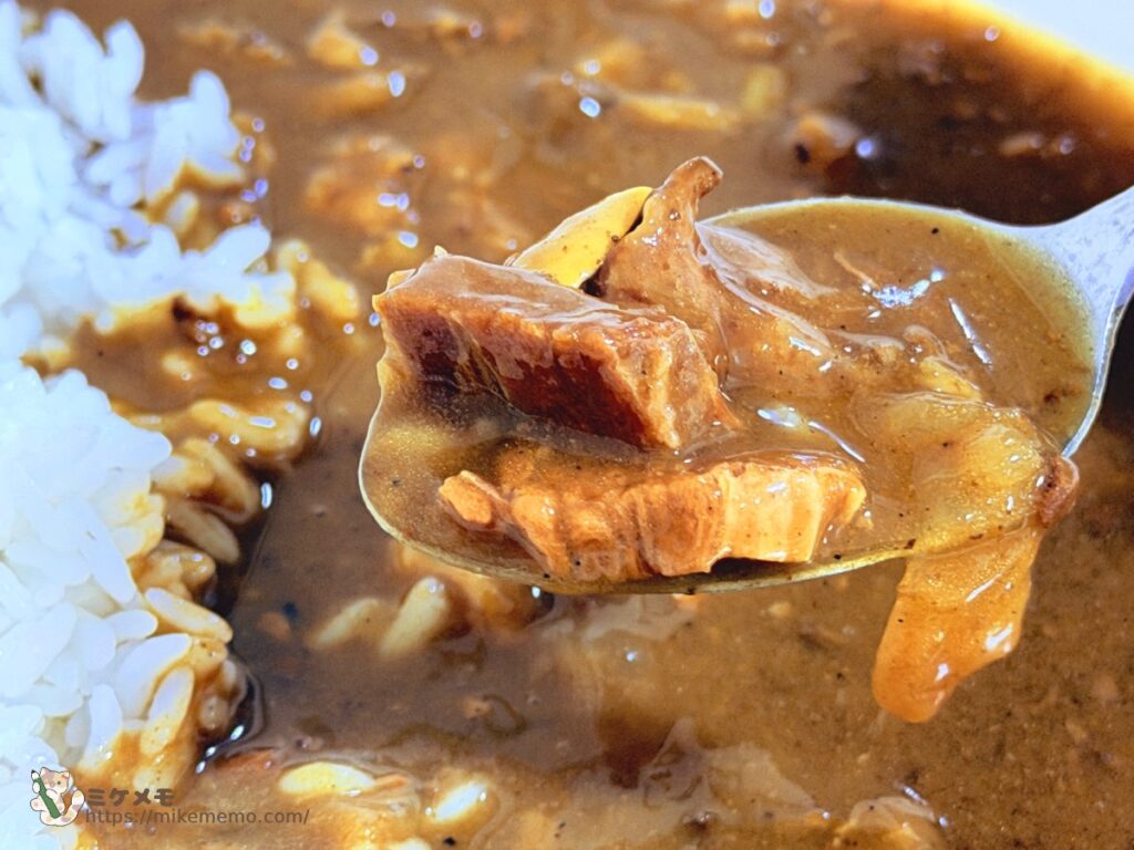 大阪牛すじかすカレーの牛すじをスプーンですくった様子