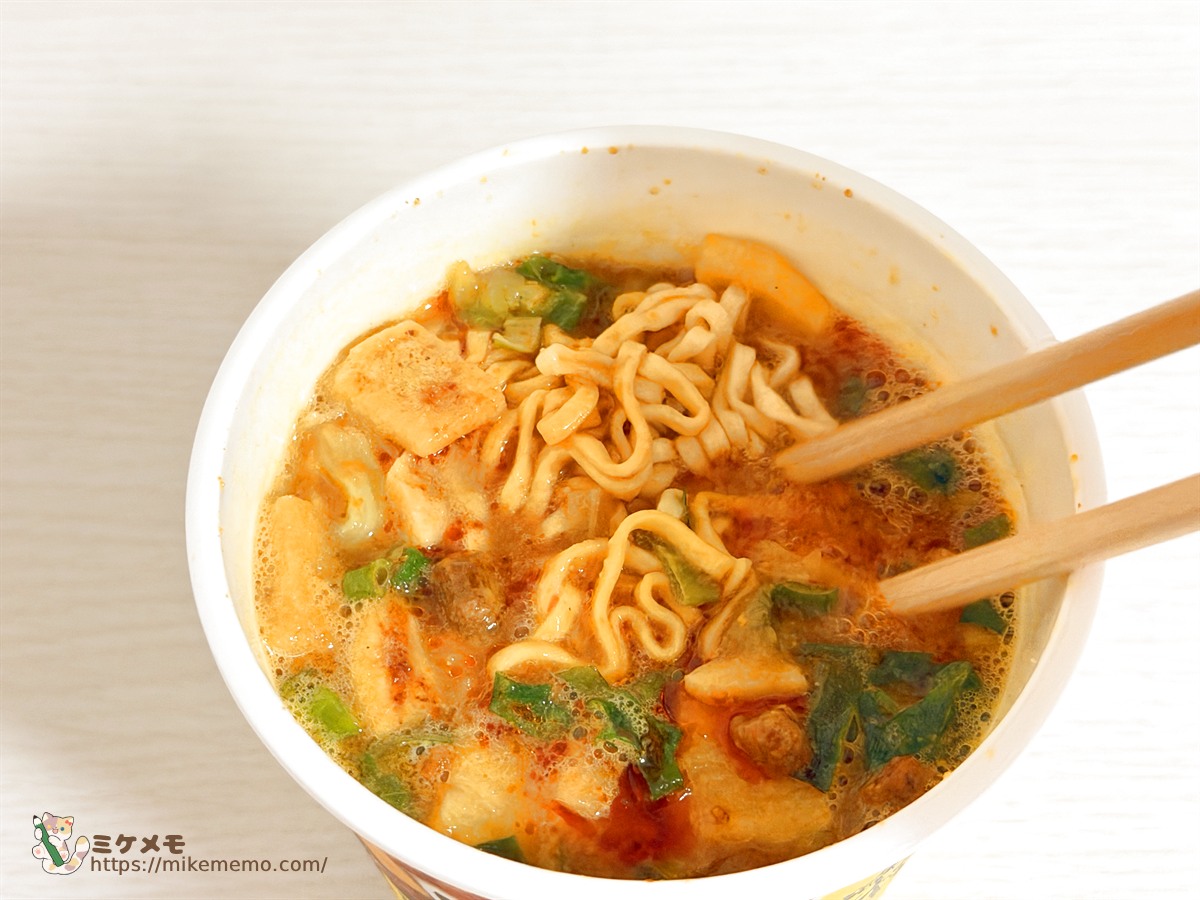 箸で持ち上げた麺と具材