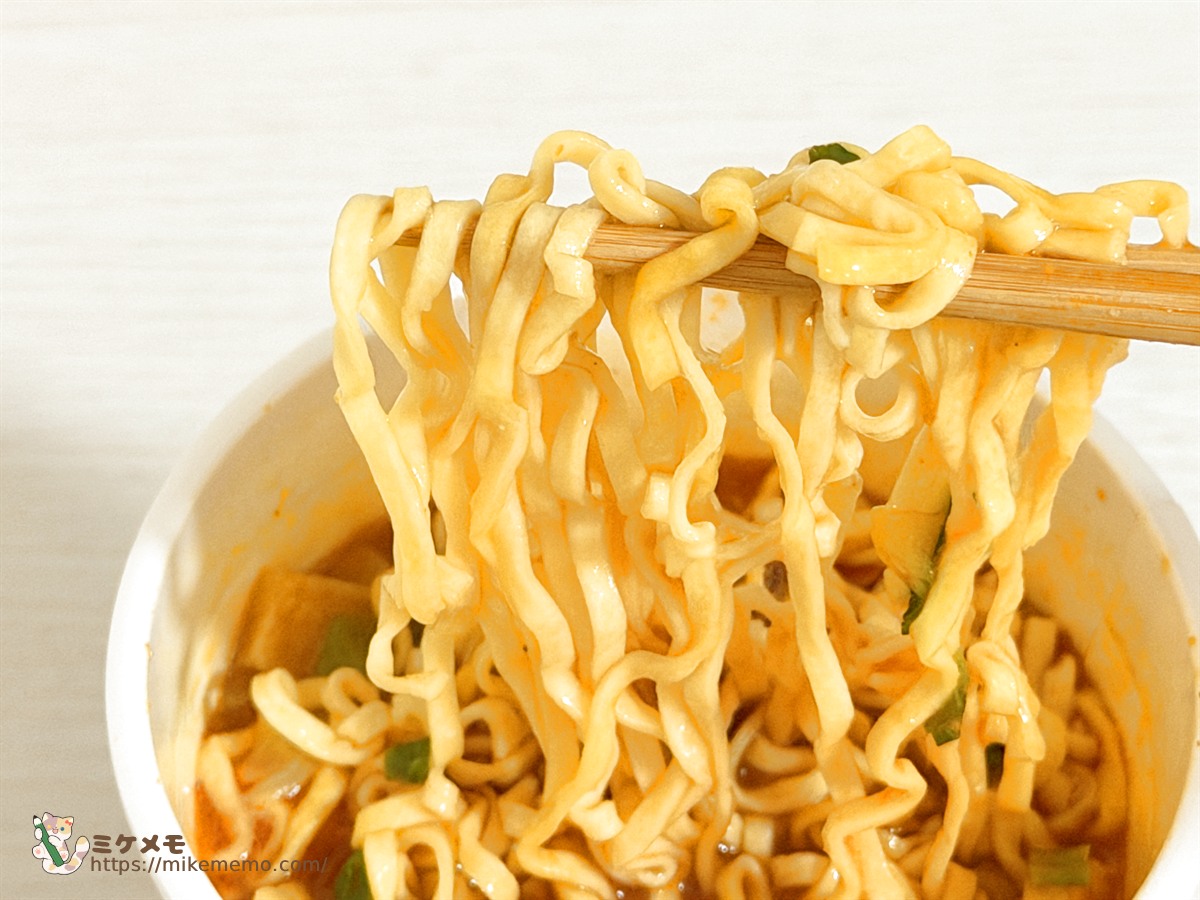 箸で持ち上げたカレーみそきんの麺